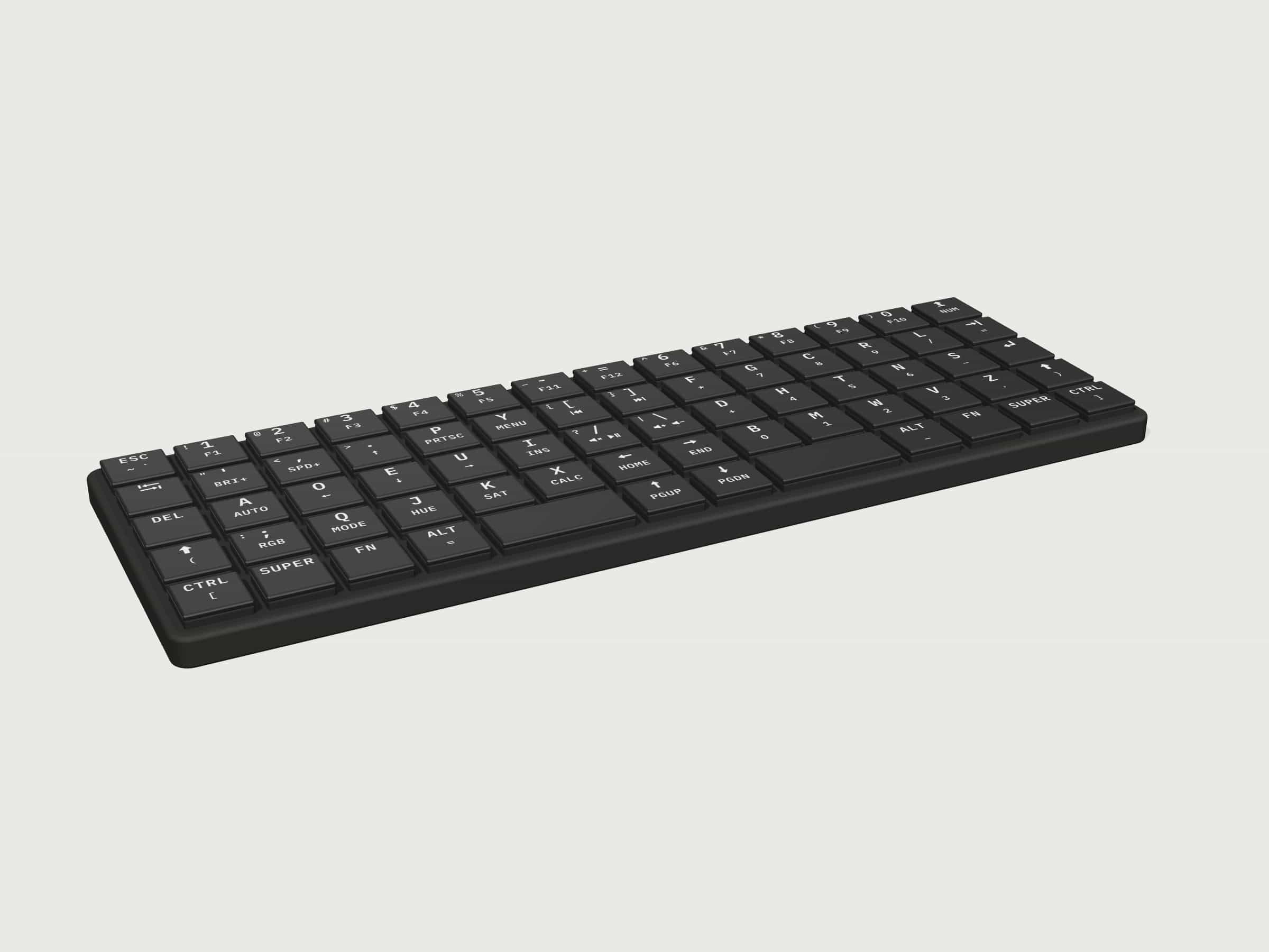 The Chinook, rendered from its design files: black key tops with white laser-etched legends in a black nylon case.