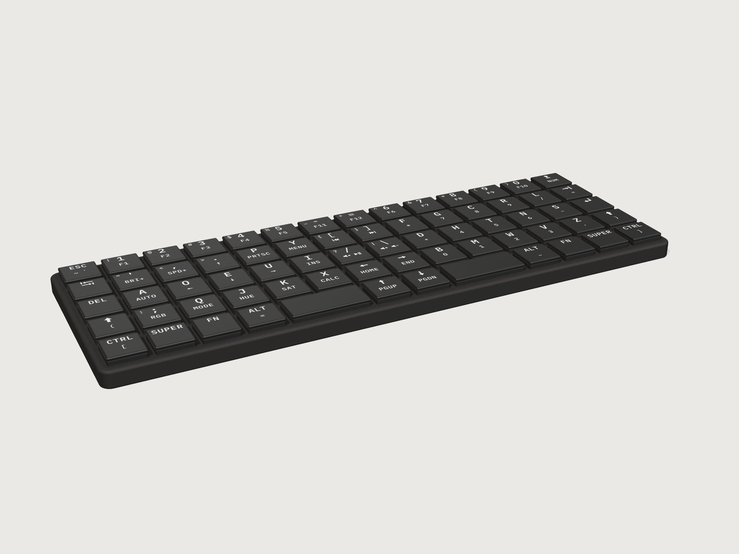 The Chinook, rendered from its design files: black key tops with white laser-etched legends in a black nylon case.