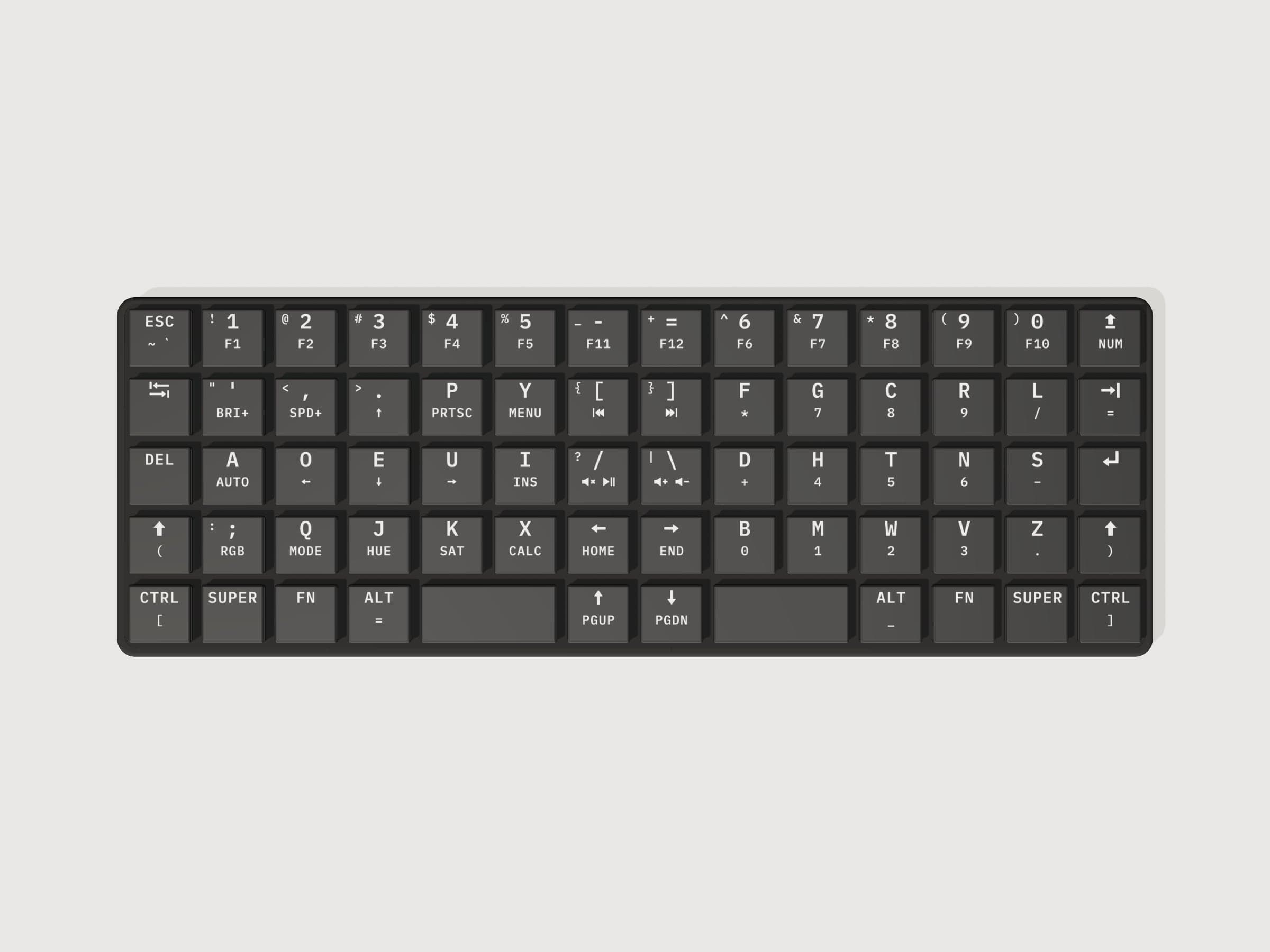 The Chinook from above, rendered from its design files: 68 keys in straight columns, the Dvorak letters in the middle.
