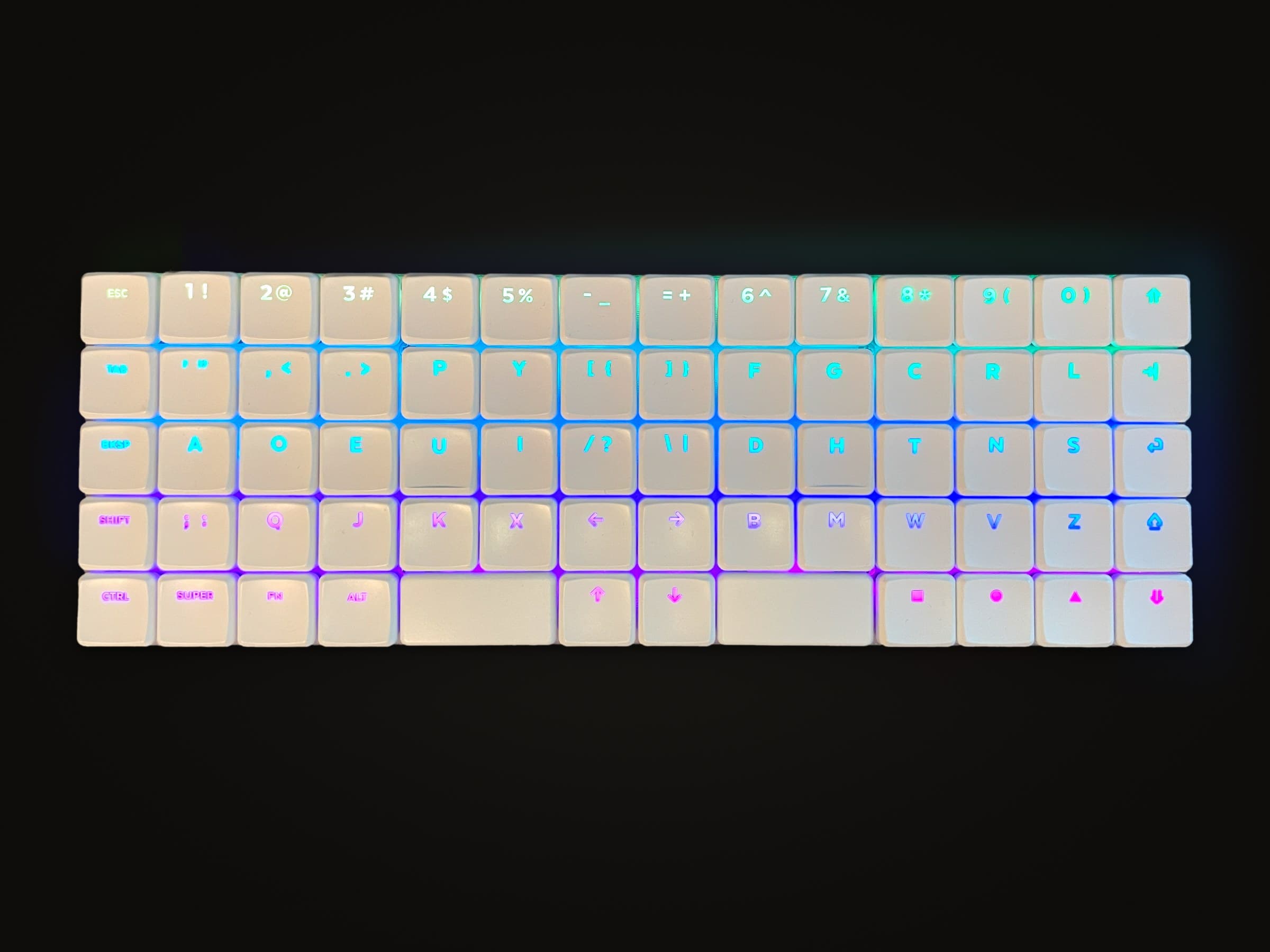 The Breeze V1 in white from above, 68 keys in straight columns lit from underneath.