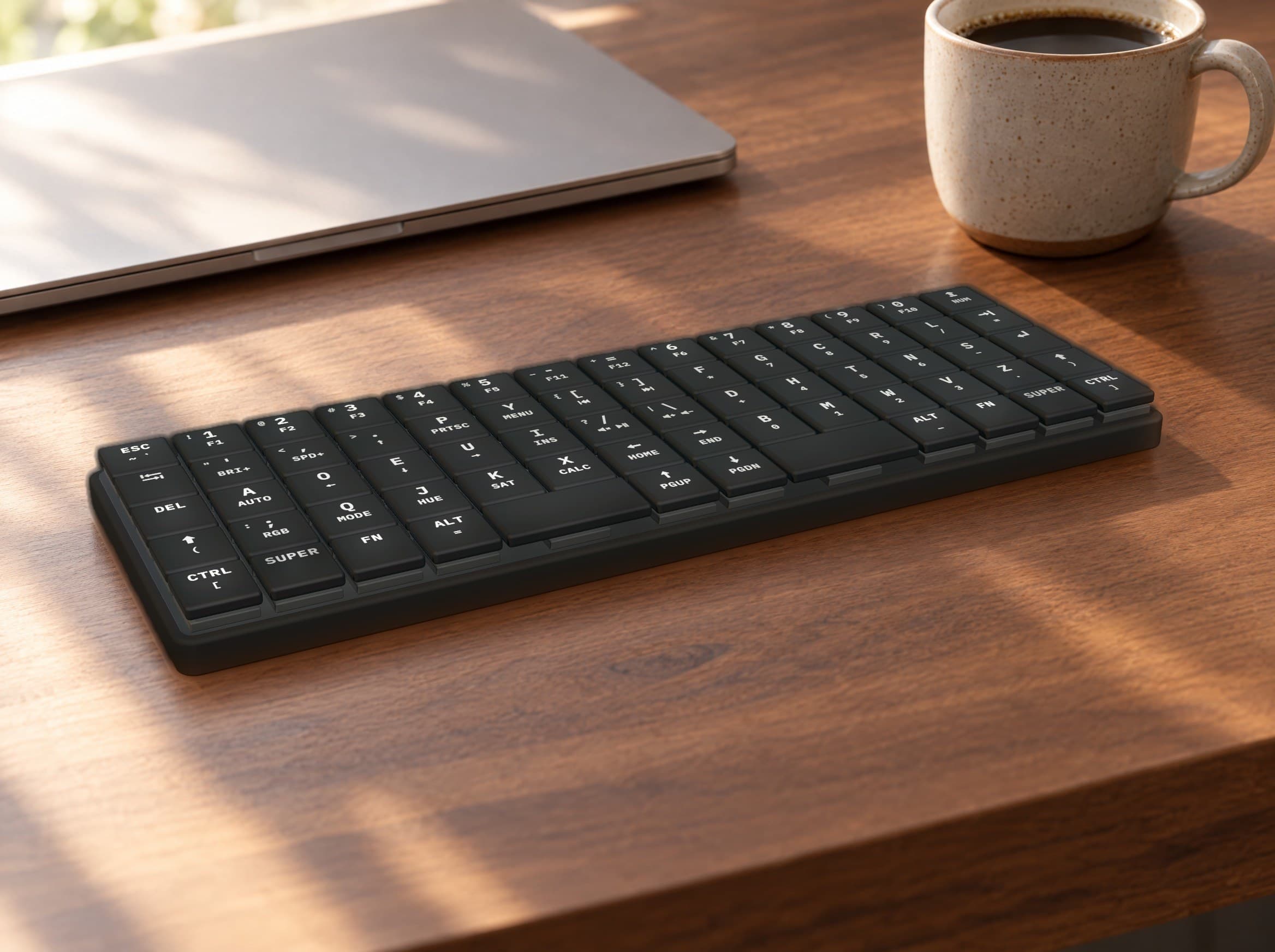The Breeze CAD model on a wooden desk beside a laptop and a cup of coffee, in an AI-generated scene.