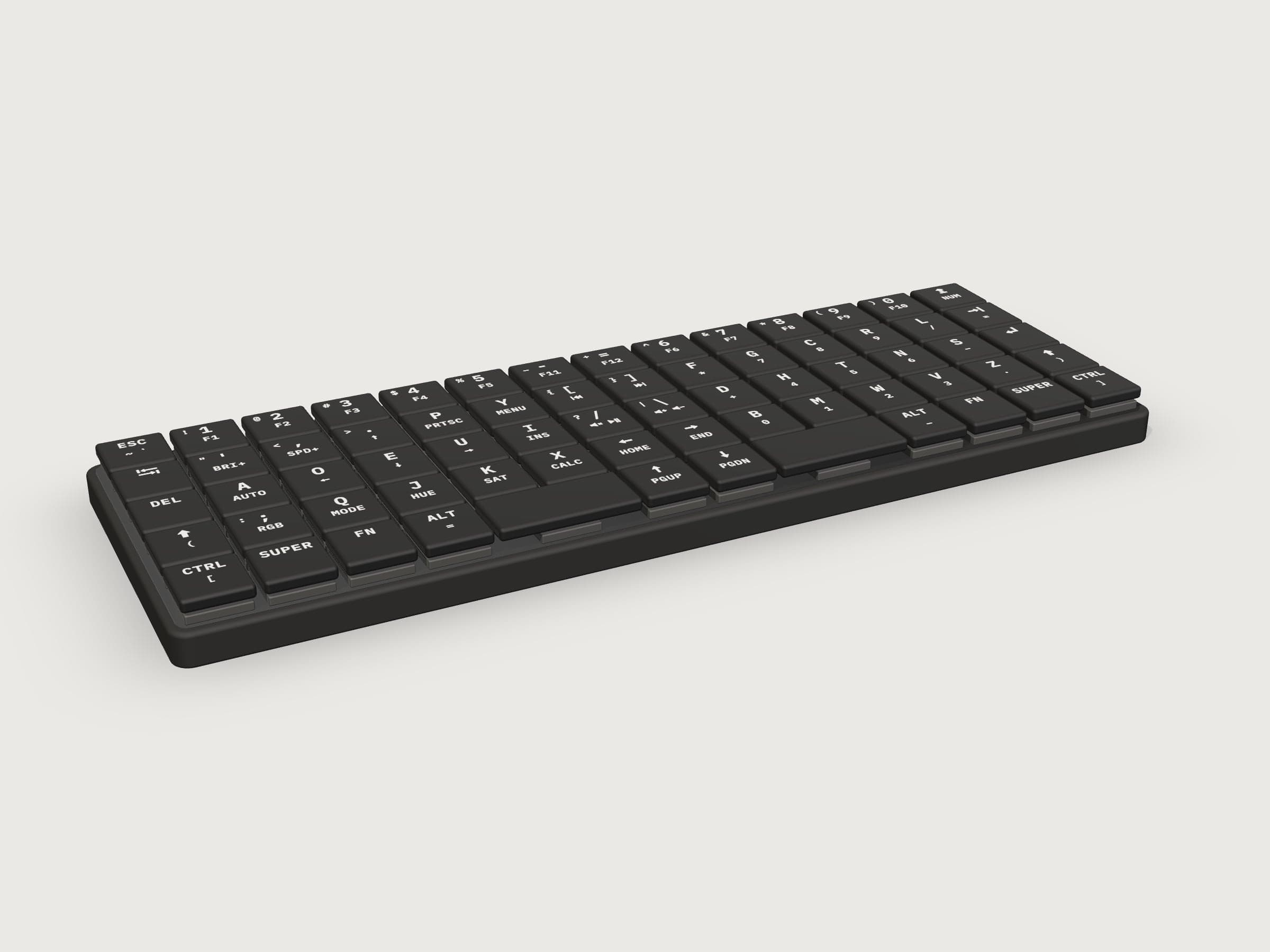 The Breeze, rendered from its CAD: black keycaps with white legends on a low black case.