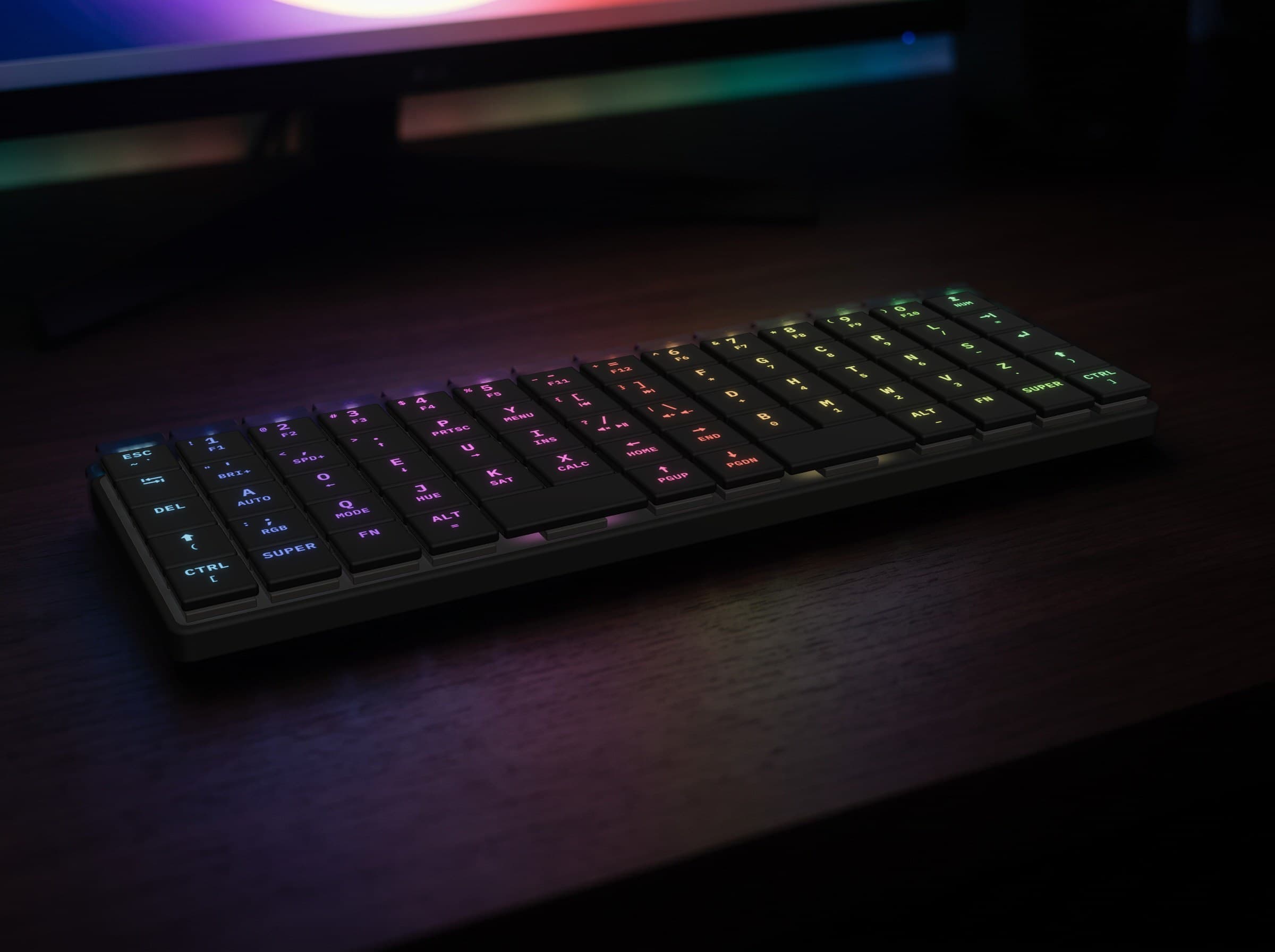 The Breeze CAD model on a desk at night, its legends lit in a rainbow by the per-key RGB, in an AI-generated scene.