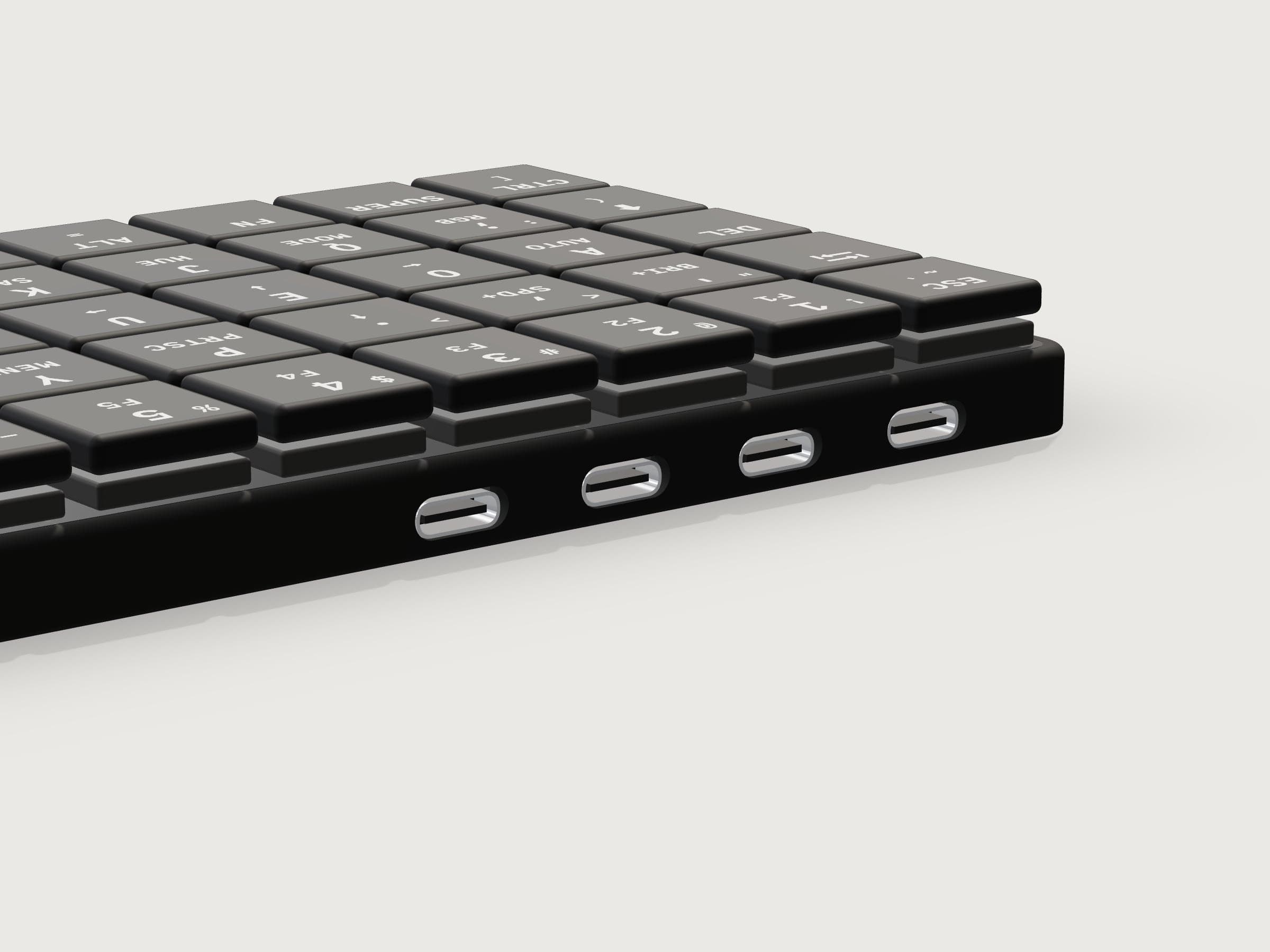 The back edge of the Breeze, rendered from its CAD: four USB-C ports, one to the computer and three for its USB 2.0 hub.