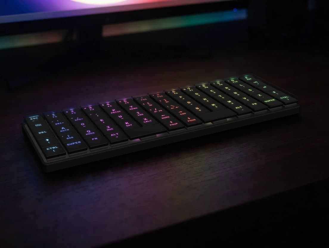 The Breeze on a desk at night, its legends lit in a rainbow by the per-key RGB.