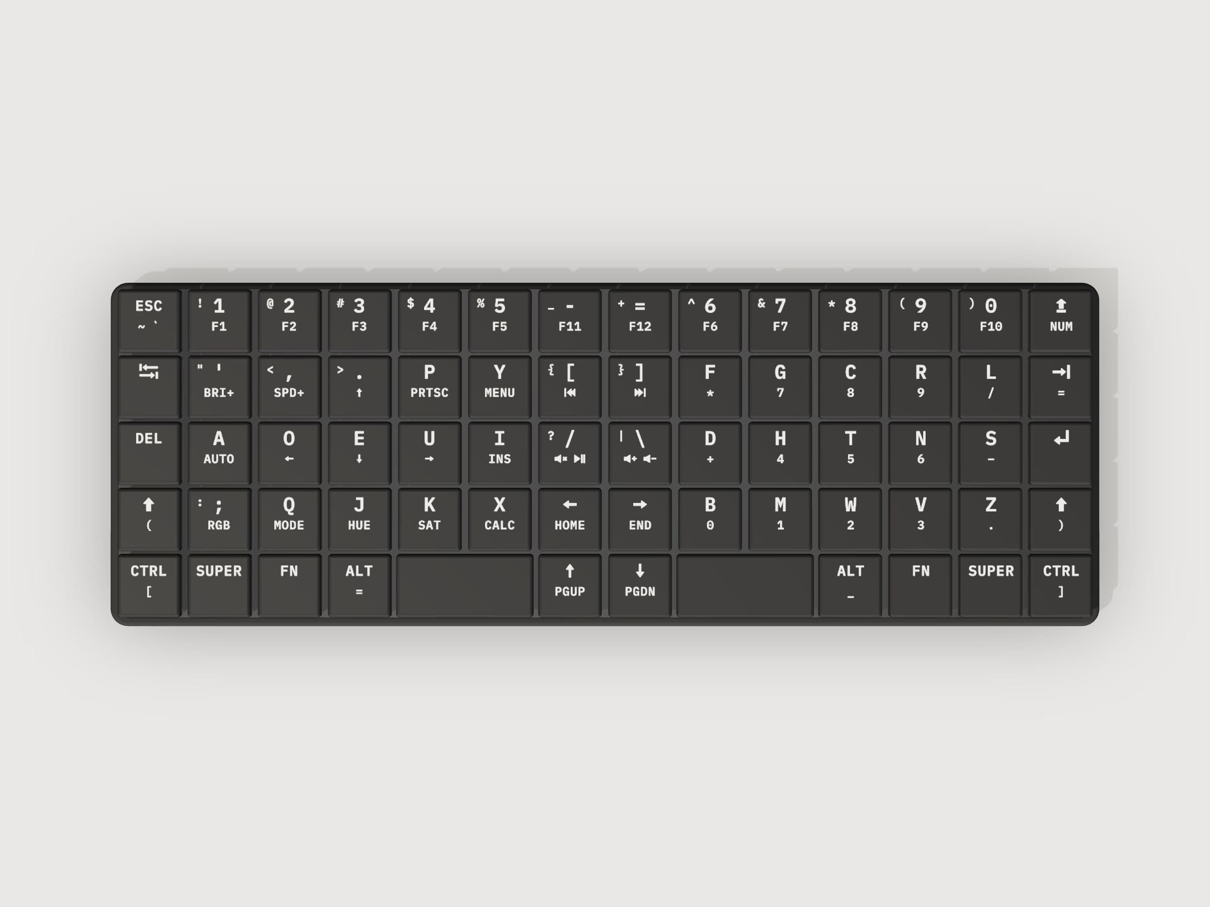 The Breeze from above: 68 keys in straight columns, the Dvorak letters in the middle, the modifiers mirrored on both sides.